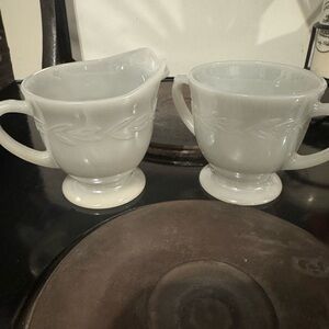 Elegant vintage fire king gray Lustre cream and sugar, never used!